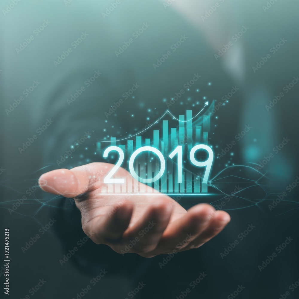 Obraz premium Vision of 2019: A person's hand tenderly cradles a glowing, futuristic digital representation of financial growth and data analysis. The year 2019 is prominently displayed, symbolizing progress.