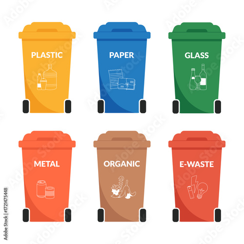recycling bins for plastic, paper, glass, metal, organic and e-waste with icons. Waste sorting containers for eco-friendly lifestyle and environmental protection.