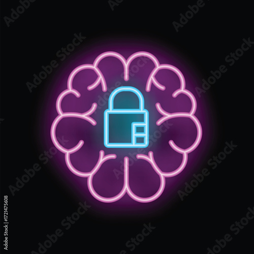 Neon sign of a padlock glowing inside a human brain representing the concept of data security