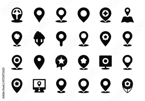 Collection of various black map pin and location marker icons, representing different places and navigation points
