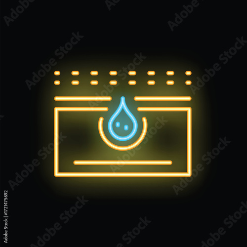 Neon glowing icon of a water droplet falling on absorbent fabric surface