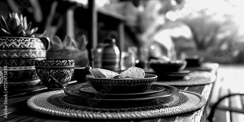 Dining table set with pottery and decorative dishes outdoors