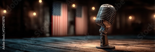 Classic microphone on wooden stage with American flags in the background during a live performance at night