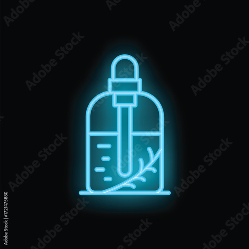 Blue neon sign depicting a cosmetic bottle with a pipette and a rosemary branch, symbolizing natural ingredients in cosmetology