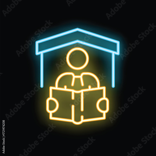 Neon sign depicting a person comfortably reading a book under a roof, symbolizing staying home