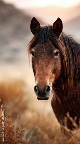 Majestic horse stands in golden grass under soft sunset light in a serene landscape