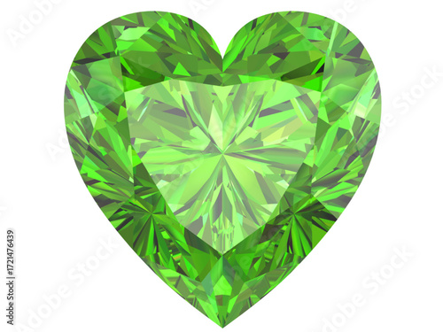 heart-shaped emerald gemstone with a deep green hue. It is designed to showcase the beauty and intricacy of a faceted gem.