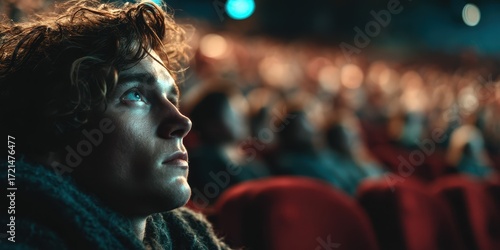 Young man watching a captivating film in a crowded theater during an evening screening