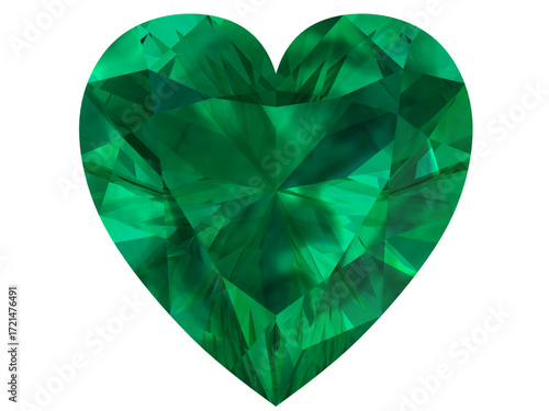 heart-shaped emerald gemstone with a deep green hue. It is designed to showcase the beauty and intricacy of a faceted gem.