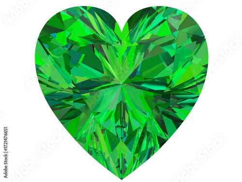 heart-shaped emerald gemstone with a deep green hue. It is designed to showcase the beauty and intricacy of a faceted gem.
