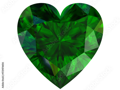 heart-shaped emerald gemstone with a deep green hue. It is designed to showcase the beauty and intricacy of a faceted gem.