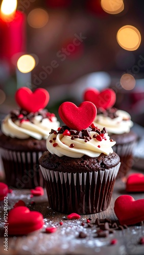 Romantic chocolate cupcakes with heart decorations