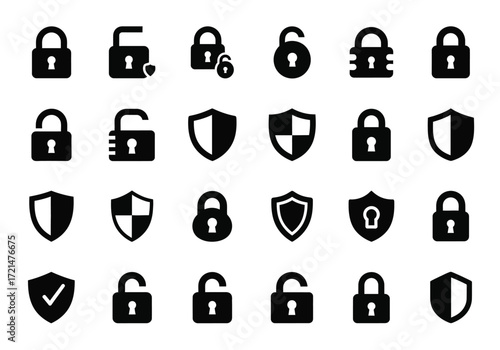 Collection of security icons including padlocks and shields, some open and some closed