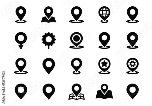 Collection of various black location pin icons on a, representing navigation and mapping concepts