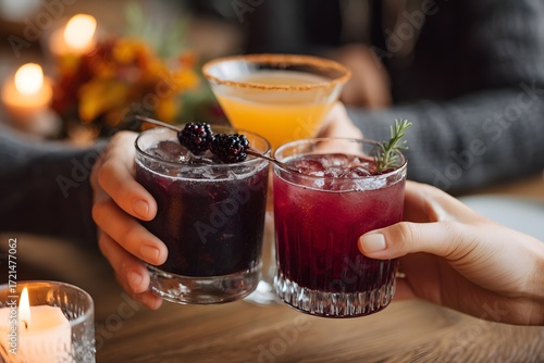 Seasonal cocktails with fruit garnishes at a cozy gathering Generative AI