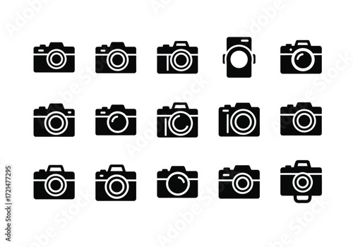 Collection of various camera icons in black and white