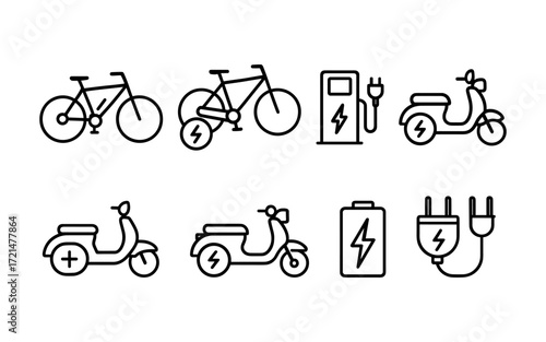 et of electric mobility icons with bicycles, scooters, battery, plug and wheel symbols. Black outline vector illustrations on white background.