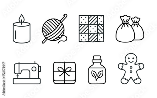 Set of handmade and craft icons with sewing machine, yarn ball, candle, quilt, pottery vase, scissors and jar. Black outline vector illustrations on white background. DIY and hobby concept.