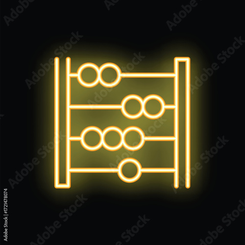 Yellow neon abacus icon glowing against a black background, representing concepts like education, counting, and traditional calculation methods