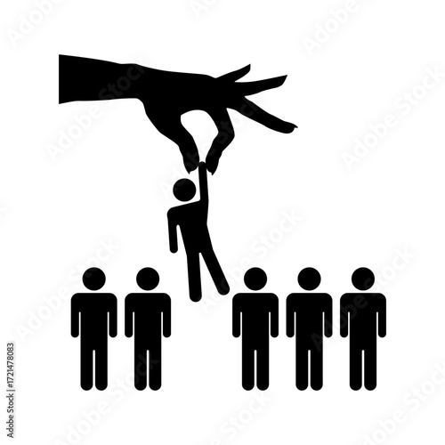 Hand picking individual from crowd icon. recruitment and selection concept. Stickman figure cartoon.