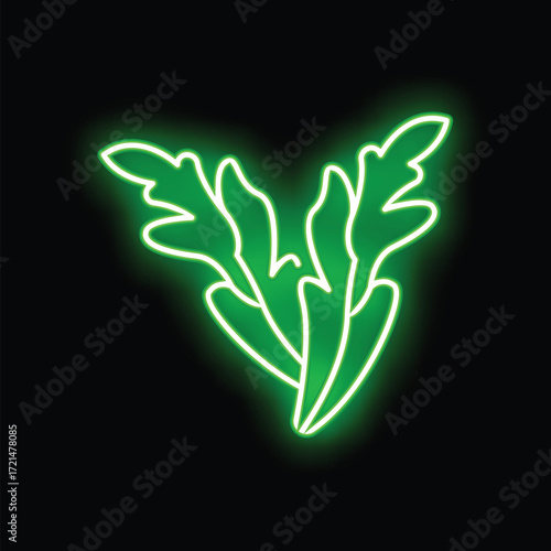 Green neon sign illuminating a simple arugula on a black background