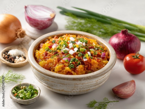 Butternut squash hash in a bowl with onions, tomato, and herbs on a white surface ready to eat