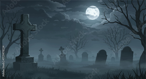 A desolate gothic graveyard at night, rendered as a Flat 2D vector illustration, features a towering cross gravestone shrouded in eerie mist under a radiant full moon.