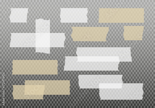 Scotch tape. Sticky paper tape. Adhesive Transparent sticky stripe. Sticker for collage, fixing photo notes. Vector