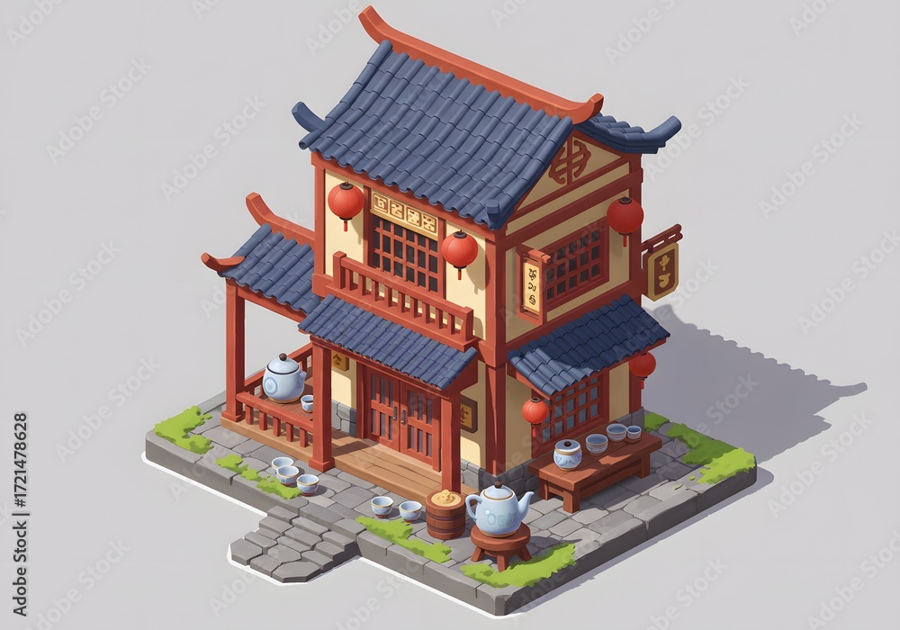 Naklejka premium Isometric Traditional Chinese Tea House with Ceramic Teaware and Lanterns