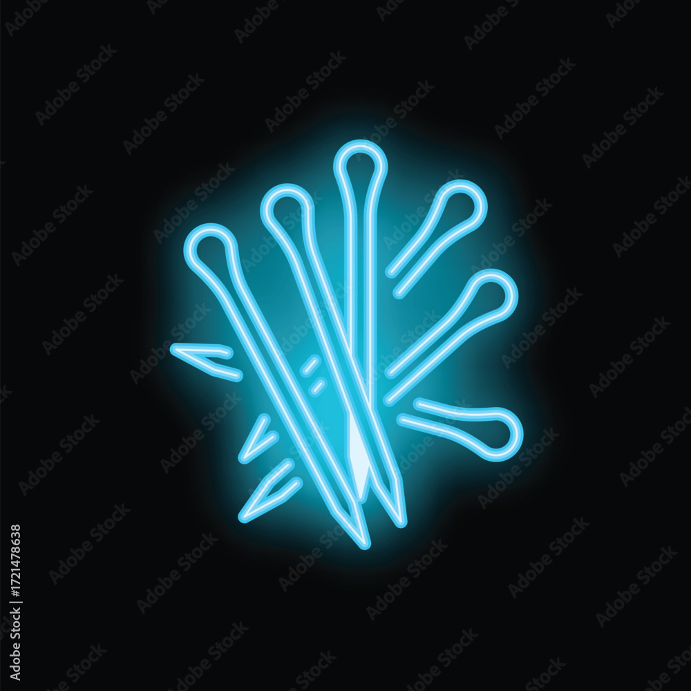 Fototapeta premium Blue neon sign depicting tweezers for eyebrow correction surrounded by needles on a black background