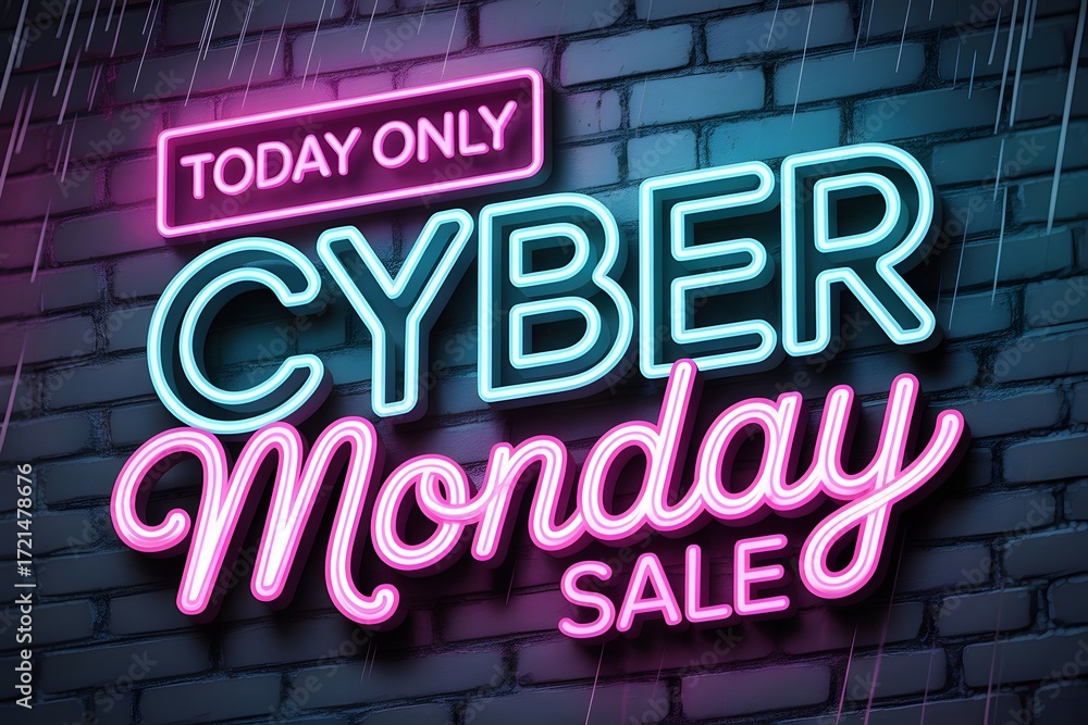 Obraz premium Cyber monday sale neon sign with today only text on brick wall