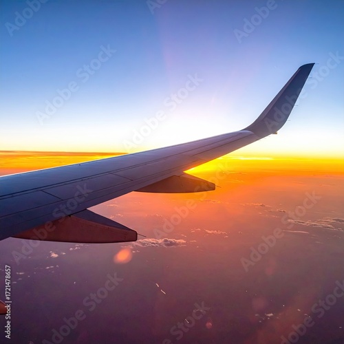 Airplane Wing Over Sunrise Sky Scenic View.