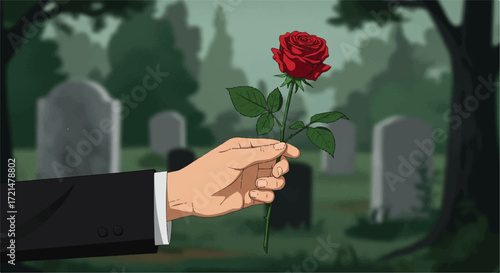 A poignant flat 2D vector illustration shows a hand in dark formal attire delicately holding a single deep red rose against a somber blurred cemetery.