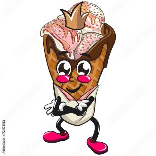waffle ice cream with chocolate and sprinkles mascot crowned like a king while folding his arms calmly, work of hand drawn