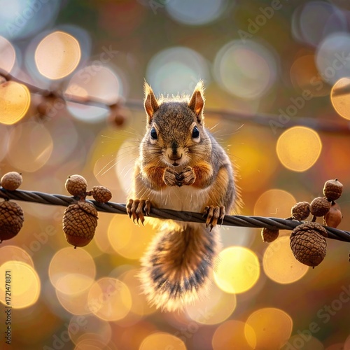 Adorable Squirrel on a Branch in Autumn Sunlight.