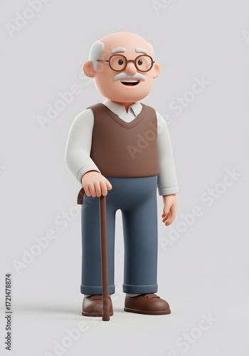 Smiling Senior Man with Cane, 3D Cartoon Character