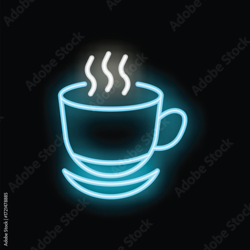 Neon sign icon of a hot steaming cup of coffee on a saucer, glowing brightly on a dark background