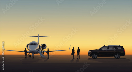 A luxurious private jet and high-end black SUV on an airport tarmac at golden hour, with people boarding, depicted in a master-level 2D vector illustration.
