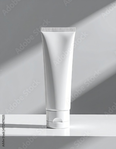 White tube cosmetic product on a white surface, studio shot, minimalist design, beauty product, skincare.