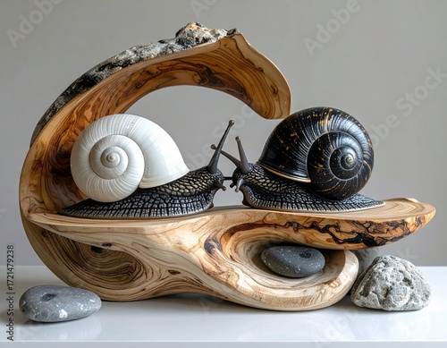 Two Snails on a Wooden Sculpture with Shells.