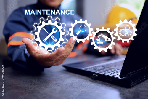 Maintenance concept with engineer holding a gear to inspection planning of machinery for service intervals periods and corrective and preventive maintenance