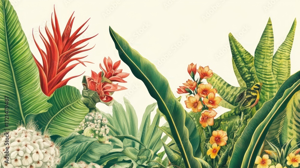 Obraz premium Vibrant tropical botanical illustration with lush foliage and exotic flowers