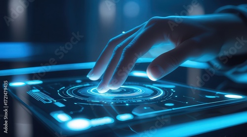 A hand interacting with a futuristic blue glowing interface on a transparent screen device panel