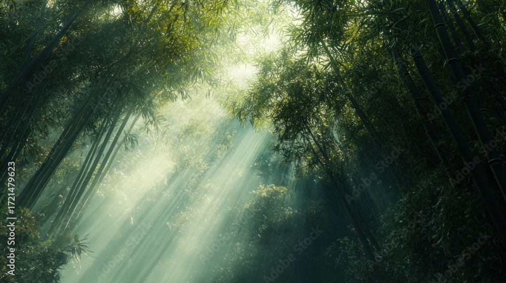 Obraz premium Sunbeams pierce dense bamboo forest. Lush green canopy, sunlight filters through