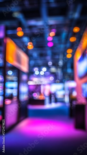 A modern abstract exhibition space with blurred effects, bokeh lights, and neon colors, creating a futuristic atmosphere suitable for trade shows, conferences, and events that demand a vibrant,