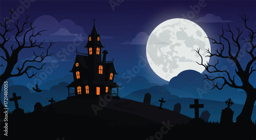Detailed Flat 2D vector illustration of a spooky Halloween night: a haunted Victorian house, glowing windows, barren trees, gravestones, and a vast full moon under a vibrant purple sky.