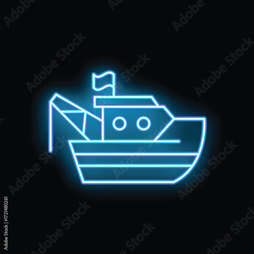 Blue neon icon of a fishing boat with its net cast out, glowing brightly against a black background