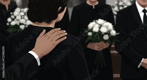 An empathetic flat 2D vector illustration captures a male hand gently resting on a woman's shoulder, both in black formal attire, conveying comfort and solace at a solemn gathering.