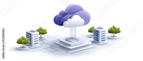 A stylized illustration showing a cloud above servers and buildings, representing cloud computing and digital infrastructure.