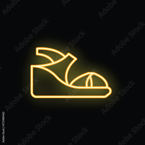 Neon sign depicting a wedge sandal with ankle strap, glowing yellow against a dark background, representing fashion and style